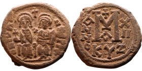Justin II and Sophia (565-578) Follis Obverse: DN IVSTINVS PP AVG Justin and Sophia on thrones Reverse: Large M between ANNO and regnal year, above cr...