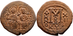 Justin II and Sophia (565-578) Follis Obverse: DN IVSTINVS PP AVG Justin and Sophia on thrones Reverse: Large M between ANNO and regnal year, above cr...