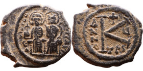 Justin II and Sophia (565-578) Follis Obverse: DN IVSTINVS PP AVG Justin and Sophia on thrones Reverse: Large M between ANNO and regnal year, above cr...