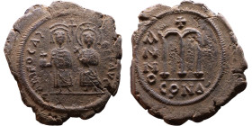 Phocas and Leontia.(602-610) Follis.  Obverse: Standing Phocas and Leonita Reverse: Large m between ANNO and regnal year.