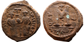 Justin II and Sophia (565-578) Follis Obverse: DN IVSTINVS PP AVG Justin and Sophia on thrones Reverse: Large M between ANNO and regnal year, above cr...