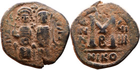 Justin II and Sophia (565-578) Follis Obverse: DN IVSTINVS PP AVG Justin and Sophia on thrones Reverse: Large M between ANNO and regnal year, above cr...