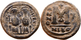 Justin II and Sophia (565-578) Follis Obverse: DN IVSTINVS PP AVG Justin and Sophia on thrones Reverse: Large M between ANNO and regnal year, above cr...
