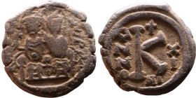 Justin II and Sophia (565-578) Hallf Follis Obverse: DN IVSTINVS PP AVG Justin and Sophia on thrones Reverse: Large K, Mintmark