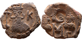 Constans II (641-668) Family Follis.. Obverse: No inscription Constans bust. Reverse: M between Heraclius, Constantine IV, Tiberius