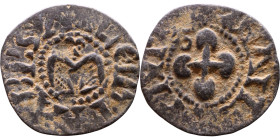 Italy: Valence, Late XIII century. Denari. Obverse: Anthropomorphic bird and inscription in rim: VRBS VALENTIAI Reverse: Cross with rounded arms and i...