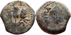 JUDAEA. Jerusalem mint. Agrippa I (under Claudius, 37-44 AD). AE prutah. Obv.: ΒΑCΙΛΕWC ΑΓΡΙΠΑ; Umbrella-like canopy with fringes. Rev.: Three ears of...