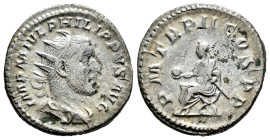 Philip I. Antoninianus. 244-249 AD. Rome. (Ric-IV 2b). Anv.: IMP M IVL PHILIPPVS AVG. Radiate, draped and cuirassed bust right. Rev.: P M TR P II COS ...