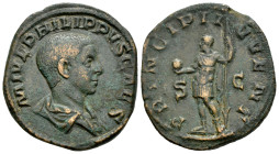 Philip II. Sestertius. 244-246 AD. Rome. (Ric-IV 256a). Anv.: M IVL PHILIPPVS CAES, bare-headed and draped bust to right. Rev.: PRINCIPI IVVENT, princ...