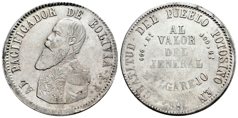 Bolivia. 1 melgarejo. 1865. Potosi. (Km-146). Ag. 19,63 g. Scarce in this grade....
