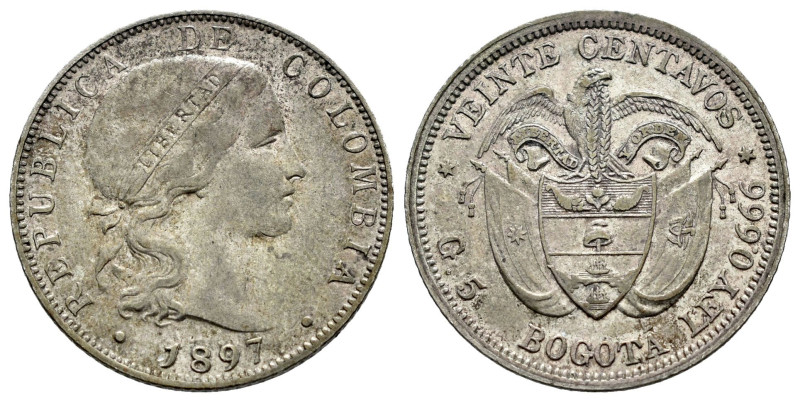Colombia. 20 centavos. 1897. Bogotá. (Km-189). (Restrepo-385-1). Ag. 4,94 g. Sof...