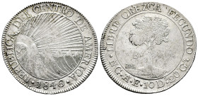 Central American Republic. 8 reales. 1846/2. Guatemala. AE/MA. (Km-4). Ag. 26,84 g. Variety with overdate, over-assayer, and "CREZCA/CRESCA". Some scr...