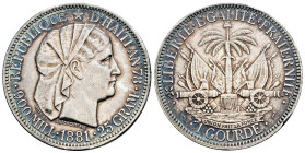 Haiti. 1 gourde. 1881. (Km-46). Ag. 25,03 g. Minor nick on the edge. Slightly cleaned. Sligthly iridiscent tone. XF. Est...120,00. 

Spanish descrip...