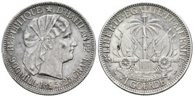Haiti. 1 gourde. 1895. Paris. (Km-46). Ag. 25,04 g. Toned. Scarce. Almost XF. Est...300,00. 

Spanish description: Haití. 1 gourde. 1895. París. (Km...