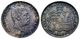 Hawaii. Kalakaua I. 1/4 dollar (Hapaha). 1883. (Km-5). Ag. Beautiful tone. Original luster. Slabbed by PCGS as AU 55. Est...150,00. 

Spanish descri...