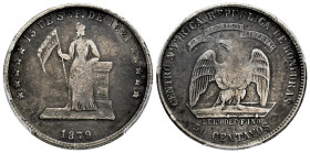 Honduras. 50 centavos. 1879. (Km-44). Ag. One-year type designed by American engraver George Lovett. Patina. Very scarce. Slabbed by PCGS as VF35. Est...