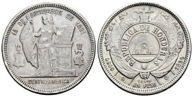 Honduras. 1 peso. 1890. (Km-52). Ag. 24,90 g. Scarce. Choice VF. Est...200,00. 

Spanish description: Honduras. 1 peso. 1890. (Km-52). Ag. 24,90 g. ...