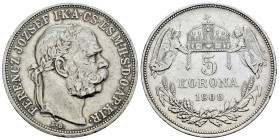 Hungary. Franz Joseph I (1848-1916). 5 korona. 1909. (Km-488). Ag. 24,01 g. Cleaned. Choice VF. Est...40,00. 

Spanish description: Hungría. Franz J...
