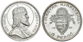 Hungary. 5 pengo. 1938. Budapest. BP. (Km-516). Ag. 25,00 g. 900th Anniversary - Death of St. Stephan. Plenty of original luster. Almost MS. Est...50,...