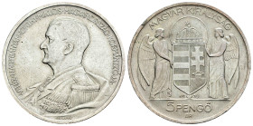 Hungary. 5 pengo. 1939. Budapest. BP. (Km-517). Ag. 25,00 g. Knock on edge. XF. Est...45,00. 

Spanish description: Hungría. 5 pengo. 1939. Budapest...