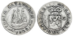 Dutch India. 1/8 gulden. 1802. (Scholt-495c). (Km-79). Ag. 1,27 g. Almost XF. Est...90,00. 

Spanish description: India Holandesa. 1/8 gulden. 1802....
