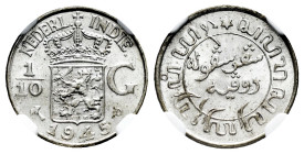 Dutch India. Wilhelmina I (1890-1948). 1/10 gulden. 1945. Philadelphia. P. (Km-318). (Schön-15). Ag. P points to center of 5. Slabbed by NGC as MS 65....
