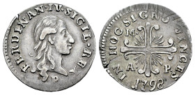 Italy. Ferdinand IV, Infant of Spain. 10 grana. 1798. Naples. M/A-P. (Tauler-3878). (Vti-239). (Mir-387/5). Ag. 2,30 g. Minor crack. Lightly toned. Ch...