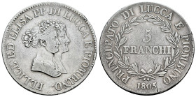Italy. Felix & Elisa (1805-1814). 5 franchi. 1805. Firenze. Principality of Lucca and Piombino. (Km-24.3). Ag. 24,62 g. Without pellet after the date....