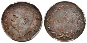 Italy. Umberto I. 2 centesimi. 1897. Rome. R. (Km-30). Ae. Slabbed by PCGS as MS 63 BN. Scarce in this grade. PCGS-MS. Est...90,00. 

Spanish descri...