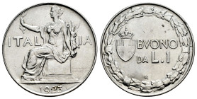 Italy. 1 lira. 1923. Rome. R. (Km-62). Ni. 8,01 g. AU. Est...30,00. 

Spanish description: Italia. 1 lira. 1923. Roma. R. (Km-62). Ni. 8,01 g. EBC+....