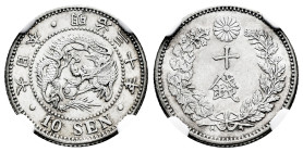 Japan. Meijí era. 10 sen. 1897 (30). (Y-23). (JNDA-1/24). Ag. Slabbed by NGC as AU 58. NGC-AU. Est...60,00. 

Spanish description: Japón. Era Meijí....