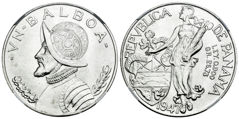 Panama. 1 balboa. 1947. (Km-13). Ag. Slabbed by NGC as MS 65. Est...150,00. 

...