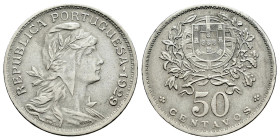 Portugal. 50 centavos. 1929. (Km-577). (Gomes-25.03). 4,36 g. Almost XF. Est...30,00. 

Spanish description: Portugal. 50 centavos. 1929. (Km-577). ...