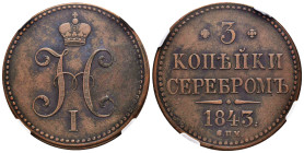 Russia. Nicholas I. 3 kopeks. 1843. Saint Petesburg. СПМ. (Bitkin-813). Ae. Slabbed by NGC as VF 35. Est...100,00. 

Spanish description: Rusia. Nic...