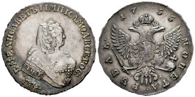 Russia. Elizabeth (1741-1762). 1 rouble. 1755. Moscow. MMД-MБ. (Bitkin-136). Ag. 25,88 g. Suave pátina de monetario con ligeros tonos azulados. Almost...