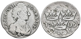 Sweden. Karl XII (1697-1718). 2 mark. 1709. Stockholm. LC. (Km-339). (SM-78). Ag. 8,79 g. Planchet flaws on reverse. Scarce. Choice F. Est...50,00. 
...