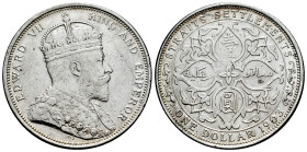 Straits Settlements. Edward VII. 1 dollar. 1903. (B). (Km-25). Ag. 27,01 g. Minor scratches. Slightly cleaned. Choice VF. Est...90,00. 

Spanish des...