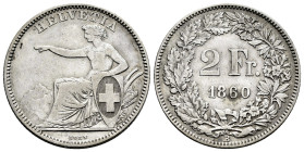 Switzerland. 2 francs. 1860. Bern. B. (Km-10a). Ag. 8,74 g. Slightly cleaned. Scarce. VF. Est...100,00. 

Spanish description: Suiza. 2 francs. 1860...