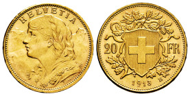 Switzerland. 20 francs. 1913. Bern. B. (Km-35.1). (Fr-499). Au. 6,45 g. Original luster. Almost MS/AU. Est...450,00. 

Spanish description: Suiza. 2...