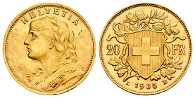 Switzerland. 20 francs. 1935. Bern. B. (Km-35.1). (Fr-499). Au. 6,43 g. Original luster. Mint state. Est...450,00. 

Spanish description: Suiza. 20 ...