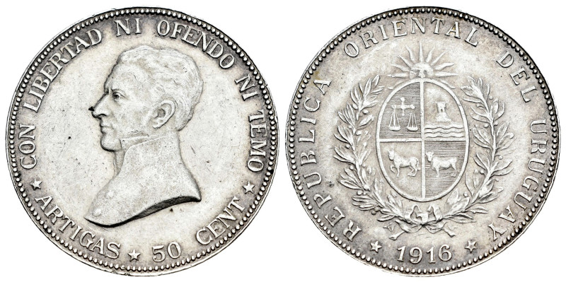Uruguay. 50 centesimos. 1916. Buenos Aires. (Km-22). Ag. 12,59 g. Cleaned. Choic...