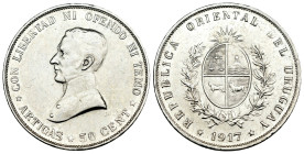 Uruguay. 50 centavos. 1917. (Km-23). Ag. 12,50 g. Cleaned. XF. Est...45,00. 

Spanish description: Uruguay. 50 centavos. 1917. (Km-23). Ag. 12,50 g....