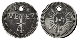 Venezuela. 1/4 real. 1821. (Km-C-31var). Ag. 0,64 g. The legends side is unusual, lacking the superscript "A" above the "Z" in "VENEZ". Variety with 8...