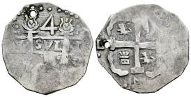 Venezuela. Imitation Cob 4 Reales. Lima. M. (Rosenman-p.44/45 var.). Ag. 9,28 g. Holed. A most intriguing and very rare imitation Cob, this piece like...
