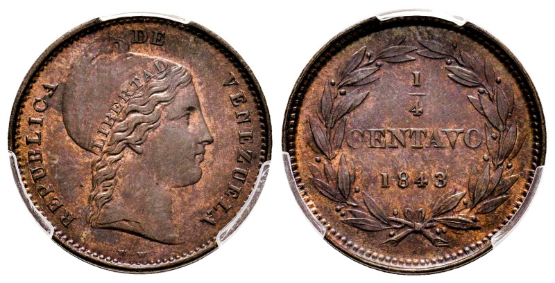 Venezuela. 1/4 centavo. 1843. London. (Km-Y1). Ae. WW below the bust. Nice color...