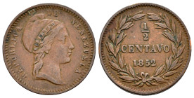 Venezuela. 1/2 centavo. 1852. London. (Km-Y5.1). Ae. 5,19 g. Almost VF/VF. Est...50,00. 

Spanish description: Venezuela. 1/2 centavo. 1852. Londres...