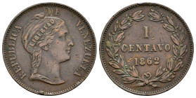 Venezuela. 1 centavo. 1862. (Km-Y7). Ae. 7,24 g. Minor nicks. VF. Est...45,00. 

Spanish description: Venezuela. 1 centavo. 1862. (Km-Y7). Ae. 7,24 ...
