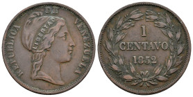 Venezuela. 1 centavo. 1852. London. (Km-Y1). Ae. 10,79 g. Almost VF. Est...65,00. 

Spanish description: Venezuela. 1 centavo. 1852. Londres. (Km-Y1...