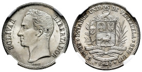 Venezuela. 1 bolivar. 1945. Philadelphia. (Km-Y22a). Ag. Slabbed by NGC as MS 62. Est...50,00. 

Spanish description: Venezuela. 1 bolívar. 1945. Ph...