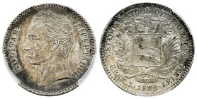 Venezuela. 1 bolivar. 1886. Caracas. (Km-Y22). Ag. Scarce in this grade. Slabbed by PCGS as AU 53. Only 2 finer specimens in the PCGS census. Est...70...